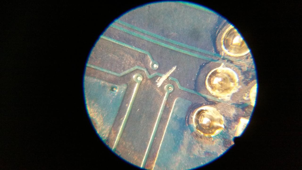 A view of the trace, now cut, to fix the EYESPI connector.